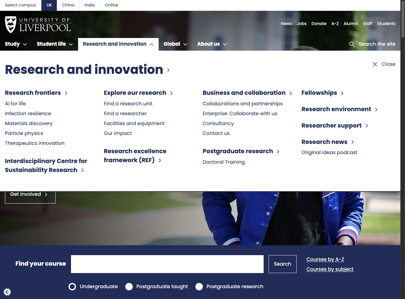 Screenshot of the university website navigation after the redesign