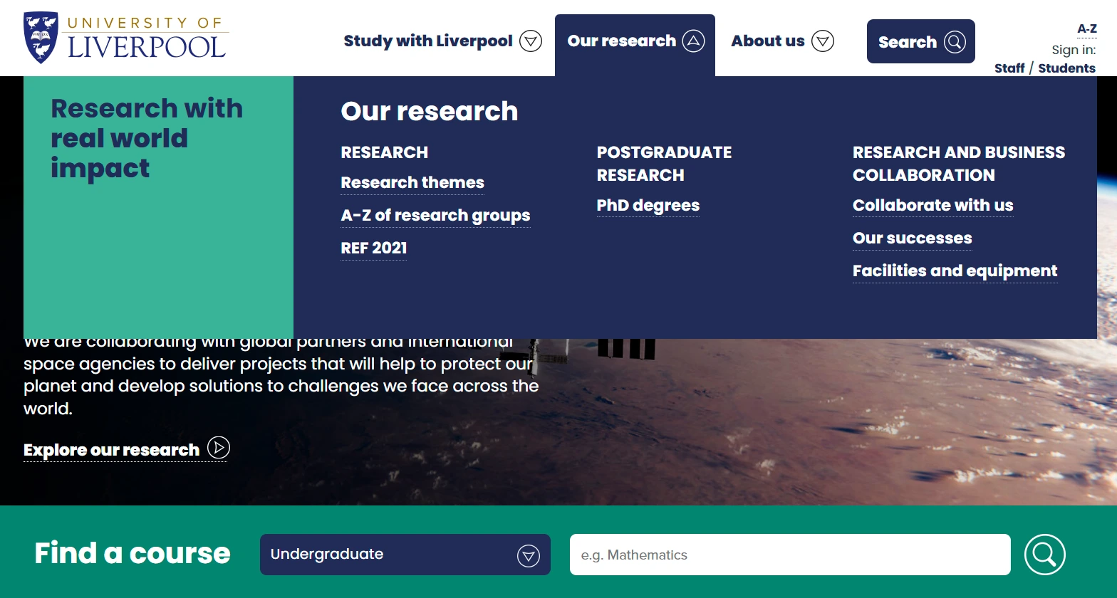 Screenshot of the university website navigation before the redesign